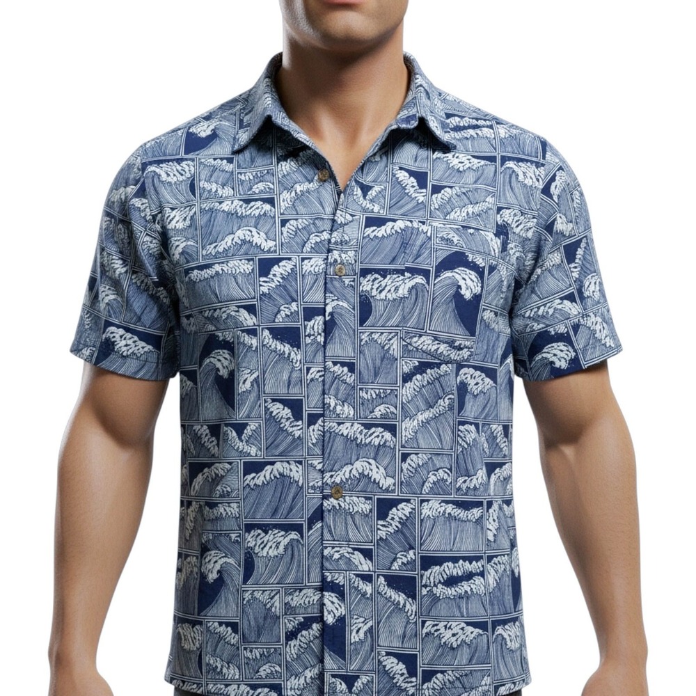 Cooke Street Mens XL Hawaiian Shirt Blue White Great Wave Print Cotton Aloha